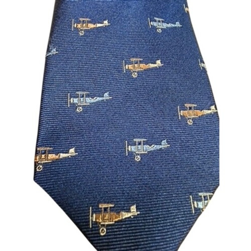 "The‎ Tie Bar" Navy Blue Biplane Pattern Silk Necktie Men's Fashion Accessory
